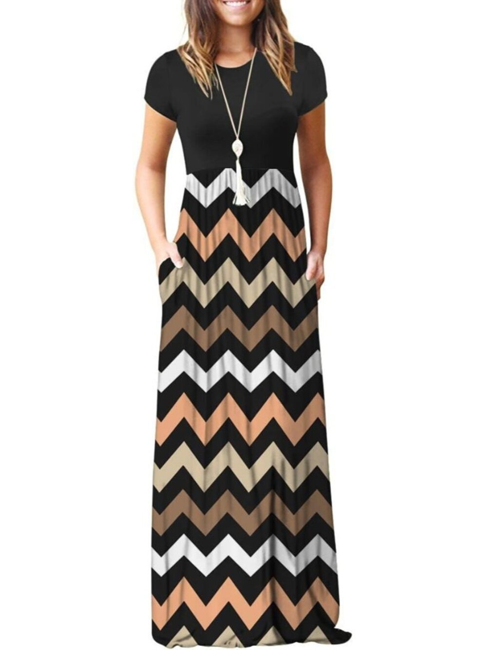 Women's Striped Black Short Sleeve Loose Plain Maxi Pockets Casual Long Dresses